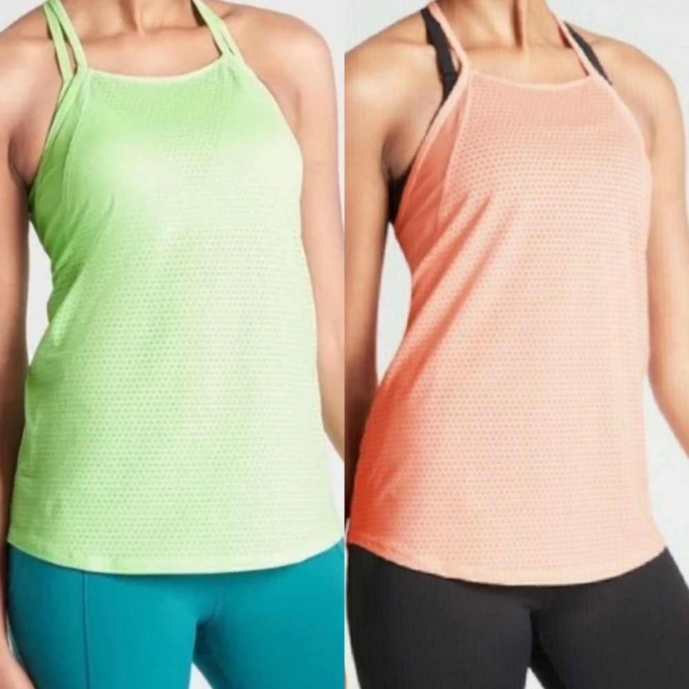 Athleta Chi Mesh Dot Tanks in Pastel Pink and Green BUNDLE of 2